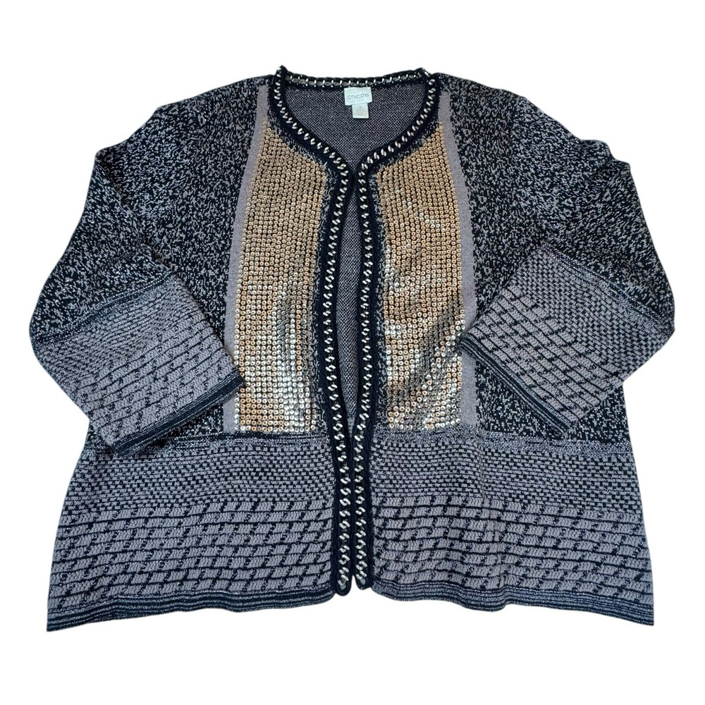 Chico's Cardigan Women's Sz Large Sequin Knit Chain Link Open Metallic festival